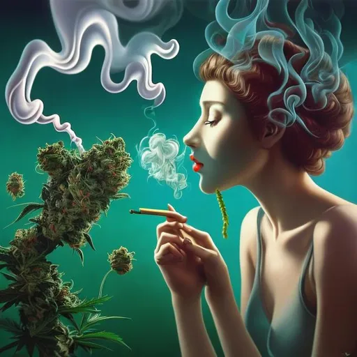 Prompt: Surrealism art of tranquil smoke coming from a joint, whispers of cannabis like for hair of a woman smoking a joint, tension melting away, the moment of pure bliss, mind finding solace, detailed surrealistic smoke, cannabis atmosphere, hi-res quality, surrealism, peaceful vibes, tranquil colors, soft and gentle lighting, high quality