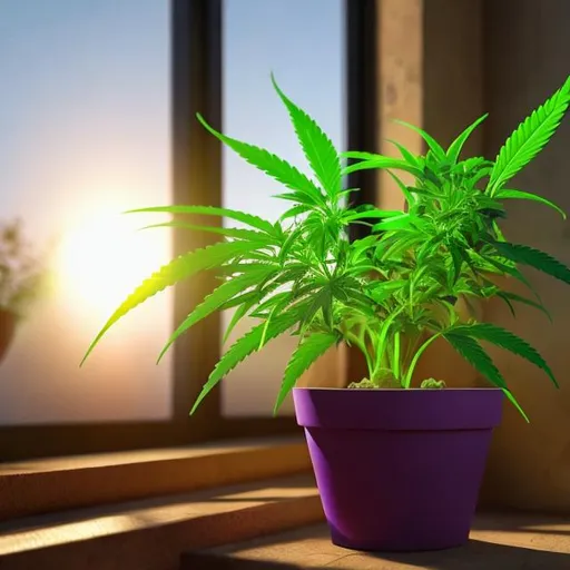 Prompt: a green and purple cannabis plant growing in a flower pot on a window sill in a loft with sun rays shining on the plant realistic design