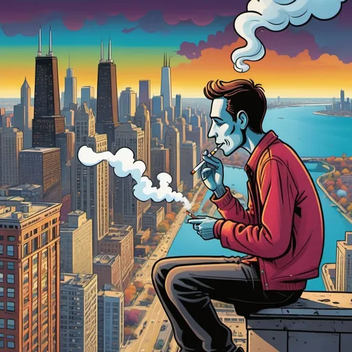 Prompt: Cartoon book cover with a stick man smoking a joint, Chicago skyline in the background, high-detail, cartoon style, stick man 
figure, detailed cityscape, character smoking, urban setting, colorful, vibrant, bold outlines, professional, detailed linework, clear skies, atmospheric lighting, artistic style