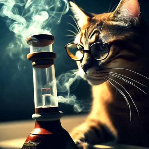 Prompt: a cat smoking a bong wearing glasses