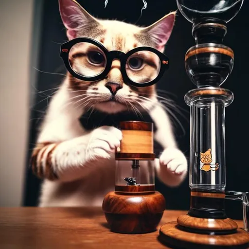 Prompt: a cat smoking a bong wearing glasses