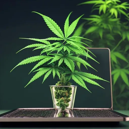 Prompt: cannabis plant growing from laptop like ivy, fancy glass ashtray with burning blunt, realistic 3D rendering, high quality, detailed textures, modern, elegant, luxurious, moody lighting, green and purple tones, highres, cannabis art, modern art, realistic lighting, elegant design