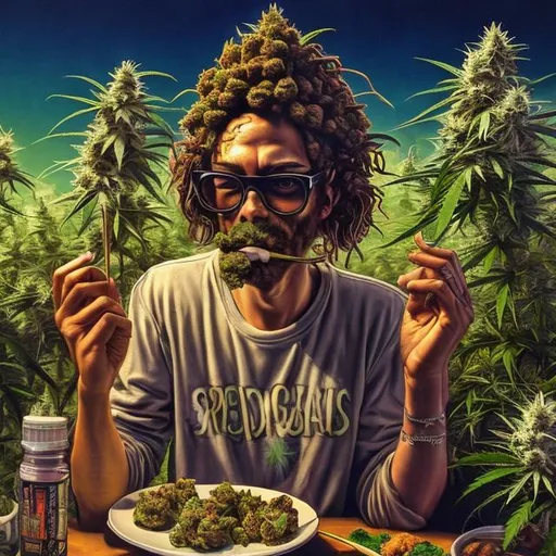 Prompt: photo-realistic drawing of beautiful stoner-potheads, late-night snacking in the land of cannabis, detailed, high surreal quality, surrealism, vibrant colors, detailed facial expressions, realistic textures, munchies, atmospheric lighting