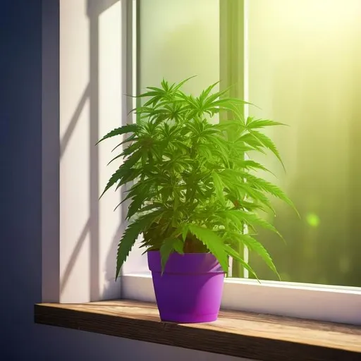Prompt: a green and purple cannabis plant growing in a flower pot on a window sill in a loft with sun rays shining on the plant realistic design