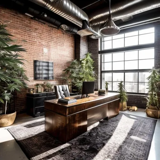 Prompt: a luxurious loft style office with cannabis decor everywhere