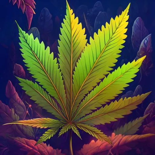 Prompt: Surreal fantasy illustration of a cannabis leaf used as a contact list, high-res, vibrant colors, mystical fantasy style, glowing ethereal aura, intricate leaf veins, magical and whimsical, surreal details, enchanting lighting, dreamlike atmosphere, fantasy, vibrant colors, highres, mystical, surreal details, enchanting lighting