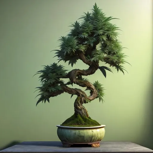Prompt: Photorealistic cannabis bonsai tree, intricate details, realistic lighting and shadows, high quality, photorealism, botanical art, natural colors, detailed foliage, realistic textures, natural lighting, professional, high resolution, realistic art, intricate branches and leaves, realistic pot, lifelike plant, indoor setting, realistic soil and moss, vibrant green tones, artistic representation, botanical realism