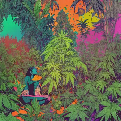 Prompt: Vibrant, photo illustration of  the word 'Tray Himself' surrounded by lush cannabis plants, vivid colors, intricate psychedelic patterns, high quality, digital art, vibrant colors, psychedelic, cannabis plants, detailed illustration, colorful, professional, atmospheric lighting