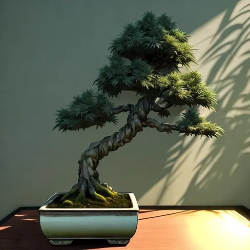 Prompt: Photorealistic cannabis bonsai tree, intricate high-res details, realistic lighting and shadows, high quality, photorealism, botanical art, natural colors, detailed foliage, realistic textures, spotlight lighting, professional, high resolution, realistic art, detailed branches and leaves, realistic pot, lifelike plant, indoor setting, realistic soil and moss, vibrant green tones, artistic representation, botanical realism