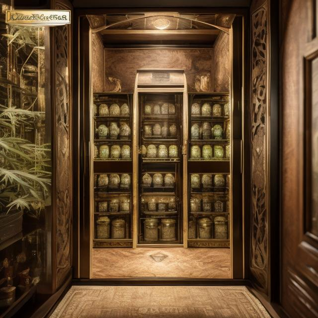 Prompt: Antique cannabis vault with open door, luxury  cannabis advertisement, cannabis plants, high-end cannabis materials, bongs, opulent cannabis  atmosphere, polished wooden cannabis designs, make it loo like the inside of a cannabis dispensery
