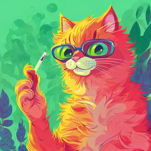 Prompt: Cartoon illustration of a cat smoking a cannabis joint, vibrant and carefree, cannabis inspired, impressionism, vibrant colors, relaxed atmosphere, detailed fur with brushstrokes, whimsical, expressive eyes, cannabis leaves in the background, hazy and dreamy lighting, high quality, impressionism, vibrant colors, carefree, relaxed atmosphere, cannabis inspired, detailed fur, expressive eyes, whimsical, hazy lighting