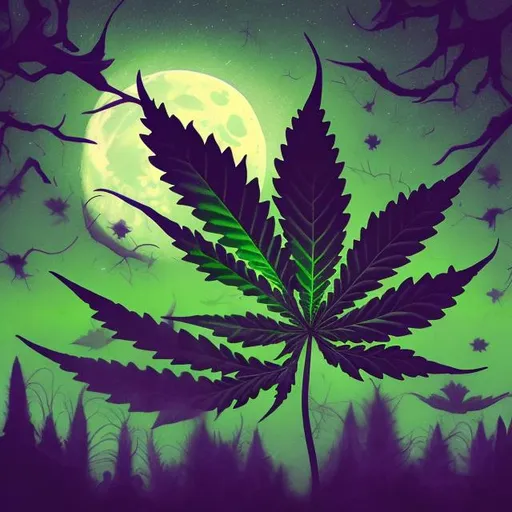 Prompt: Cannabis leaf-shaped full moon in a spooky, fun-loving night, playful ghosts smoking joints, high-quality, detailed 3D rendering, cartoon, vibrant purples and greens, eerie moonlight, wispy clouds, playful spirits, atmospheric lighting, detailed textures, playful, spooky fun