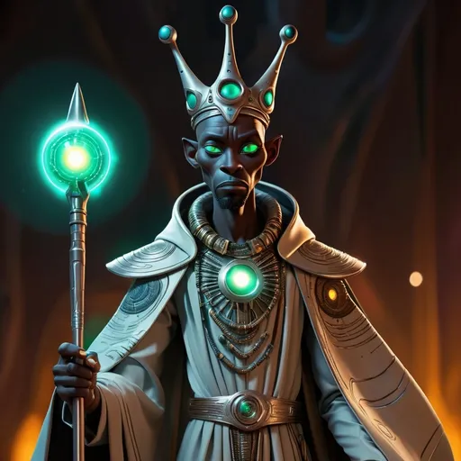 Prompt: african alien king in a futuristic robe with a staff in hand glowing eyes