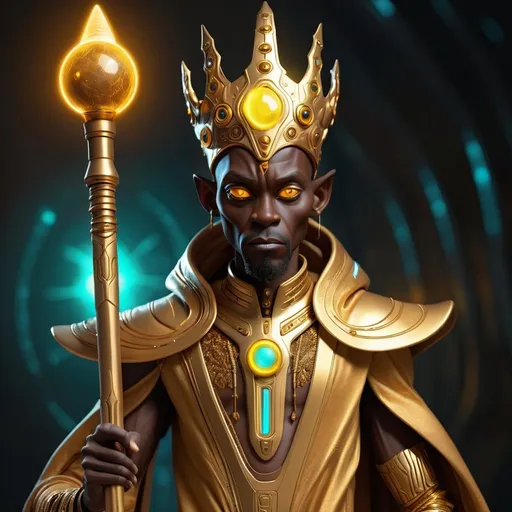 Prompt: african alien king in a futuristic robe with a staff in hand glowing eyes gold aura