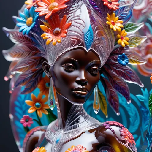 Prompt: A detailed and vibrant transparent glass sculpture of a woman with flowers, intricate details, surreal, colorful background AFRICAN 
 ALIEN QUEEN WARRIOR