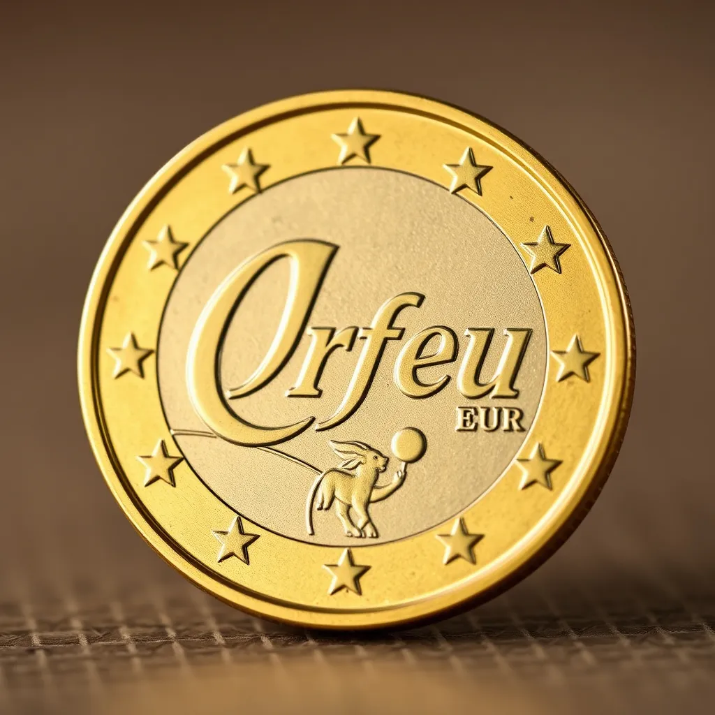 Prompt: €2 coin with the word "Orfeu" on it