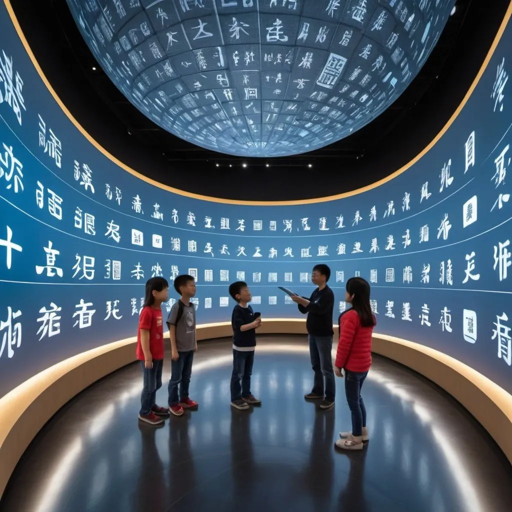 Prompt: Inside the spherical high-tech digital museum, there is a curved wall that is 10 meters high and 3000 meters long. The walls are filled with OLED interactive touch screens, with ancient Chinese characters arranged neatly on the screen. Parents and children click on the screen to learn hieroglyphs. Click to enlarge the text.