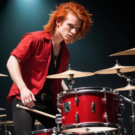 Prompt: The Drummer: The embodiment of brash energy, this drummer has tousled red hair that matches his fiery personality. His eyes are a piercing red, adding to his fierce look. He wears an unbuttoned red shirt, revealing his chest, and his black jeans are secured with a matching black belt. His footwear consists of black platform shoes, making him stand tall behind the drums.