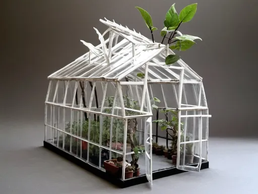 Prompt: I would like a colorless, seemingly hand drawn greenhouse model made out of recycled plastic and tree branches