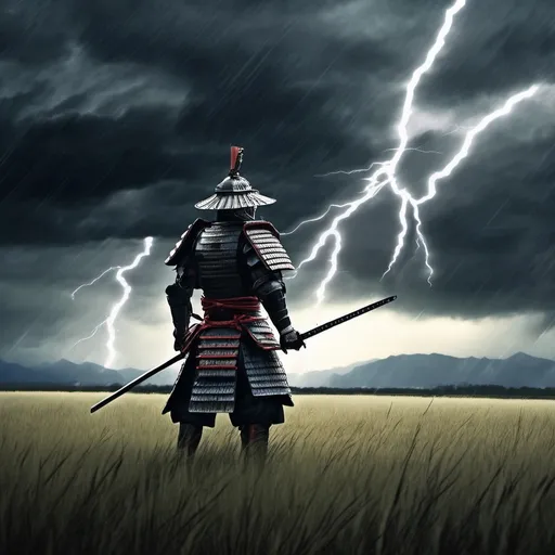 Prompt: Armored Samurai in a Stormy Field: A lone samurai in full armor stands tall in the middle of a stormy battlefield. Lightning cracks across the sky, illuminating his silhouette, as wind and rain whip through the tall grass around him. His helmet gleams in the storm’s brief flashes of light.