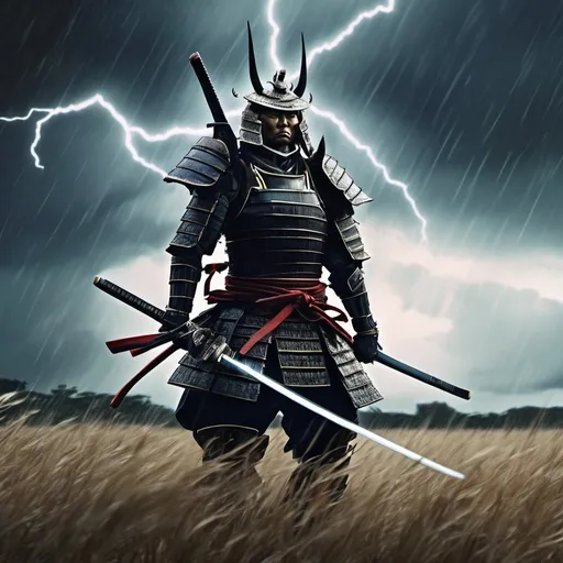 Prompt: Armored Samurai in a Stormy Field: A lone samurai in full armor stands tall in the middle of a stormy battlefield. Lightning cracks across the sky, illuminating his silhouette, as wind and rain whip through the tall grass around him. His helmet gleams in the storm’s brief flashes of light.