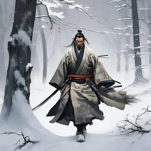 Prompt: Wandering Ronin in a Snowy Landscape: A lone ronin (masterless samurai) trudging through a snow-covered forest. His tattered kimono flutters in the wind, and his katana rests at his side, half-buried in the snow. The trees are heavy with snow, and his breath forms mist in the cold air.