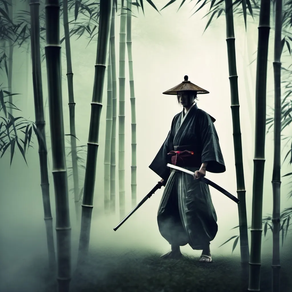 Prompt: Samurai in a Misty Bamboo Forest: A lone samurai standing in the middle of a dense bamboo forest, mist swirling around their feet. The figure is in a meditative stance, holding a katana with