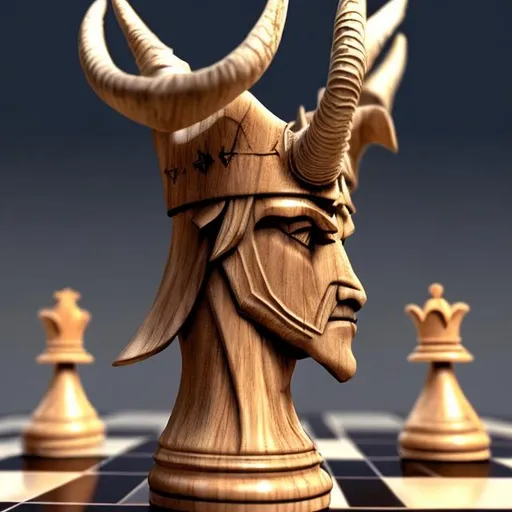 Prompt: chess piece that is modeled from the goat depiction of the devil. Horns pointing upward. Simple as the Bishop and knight pieces but still identifiable. Round and soft features with the face/head making up the majority of the pieces form. Evil but subtle. Wooden and realistic.
