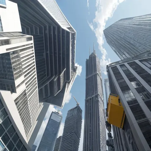 Prompt: photo, realistic, photorealistic, skyscraper from below side veiw and looking up, confusing perspective causing vertigo.
