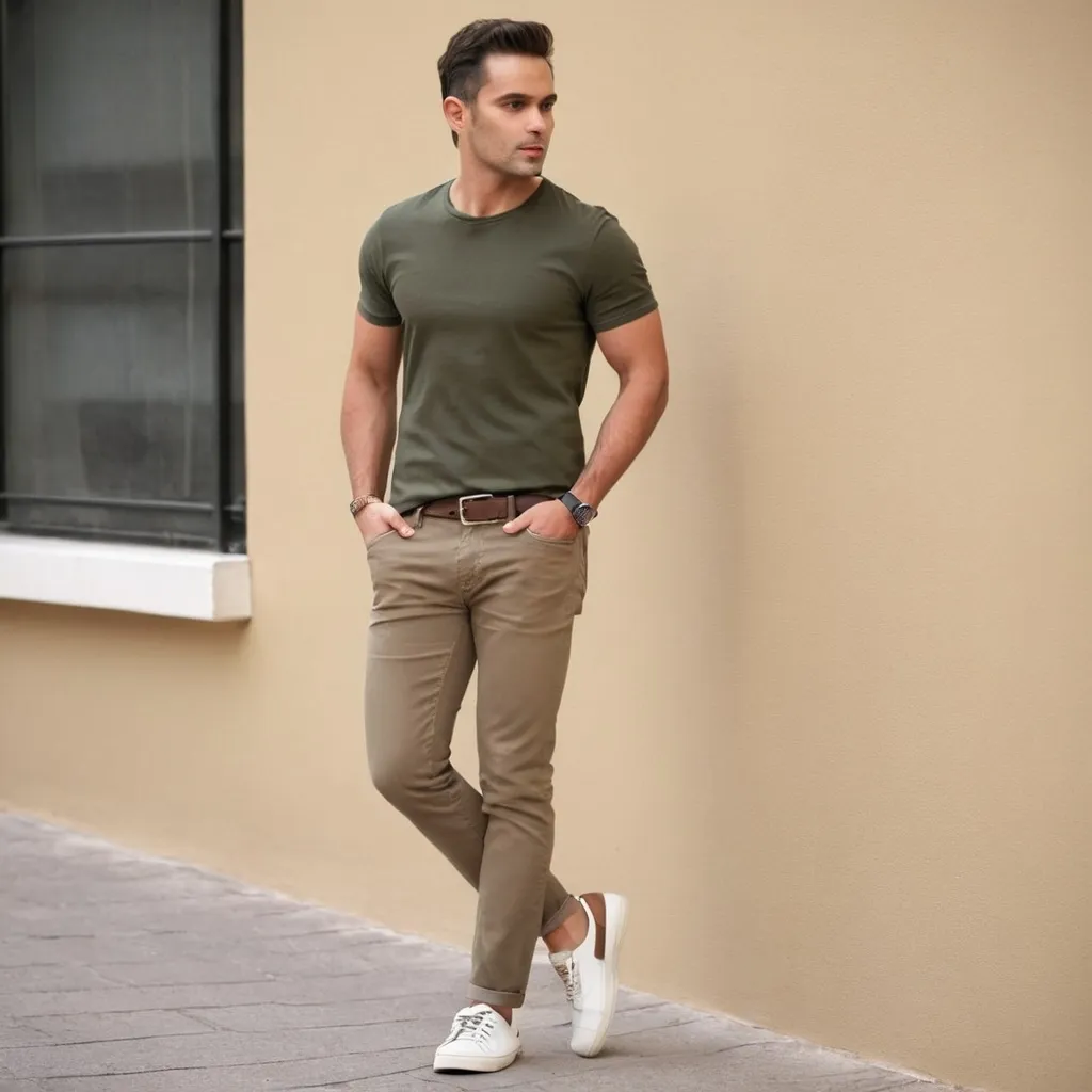 Prompt: Casual Outing

Outfit:

    Top: A well-fitted, solid-color t-shirt in a warm neutral tone like olive or tan.
    Bottoms: Dark wash jeans or khaki chinos.
    Shoes: Casual sneakers or loafers in a neutral color.
    Accessories: A simple watch and a casual belt.