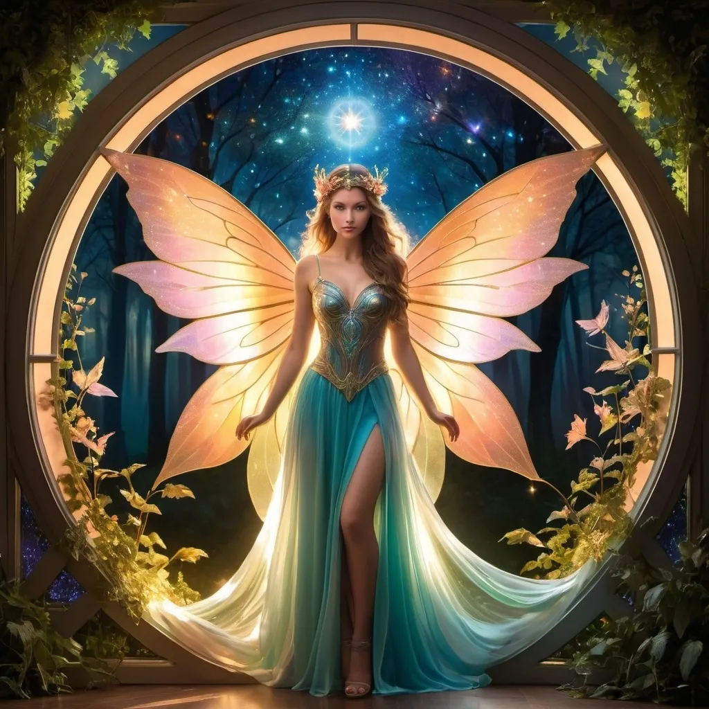 Prompt: Visualize a radiant fairy, as seen through a round window, the embodiment of beauty and magic, depicted in a full-length portrait designed to be cropped into a circular format, showcasing her mesmerizing features and ethereal presence. The fairy stands elegantly, her slender legs adorned with a skirt woven from delicate leaves and petals, each shimmering with the hues of a thousand dawns and dusks. Her wings, resplendent and iridescent, unfurl gracefully behind her, reflecting the soft glow of twilight and the iridescence of a rainbow. Every feather of her wings carries a delicate pattern, reminiscent of ancient glyphs woven into the fabric of the universe. The fairy exudes an aura of serenity and grace, her presence a beacon of hope and wonder. Her gaze, both captivating and wise, gazes beyond the confines of the canvas, beckoning viewers to delve into the mysteries of the enchanted realm she calls home. In this portrait, the fairy is bathed in a soft, ethereal light, casting a radiant halo around her luminous form.