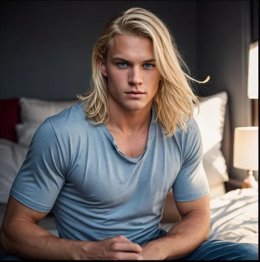 Prompt: male, blonde Hair, young , blue eyes , muscle , serious , 