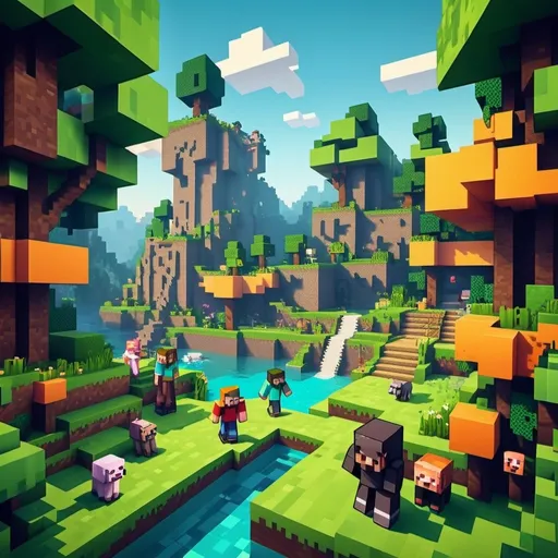 Prompt: (minecraft style image), pixel art, vibrant colors, （blocky characters）, retro game atmosphere, whimsical and playful, detailed environment mirroring 80s animation, lush landscapes, expressive character poses, bright and cheerful ambiance, incorporates elements from the series "Ну погоди", high quality, ultra-detailed design, captures nostalgic vibes of classic gaming.