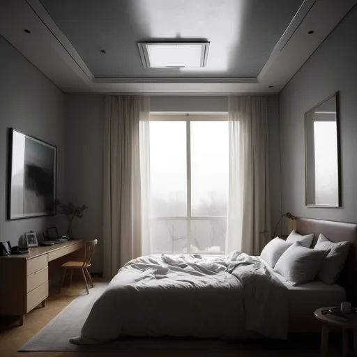 Prompt: [Static POV]: The scene begins with the camera fixed on the ceiling above the bed. As it slowly mimics the act of waking up, soft morning light enters the room, gradually bringing the ceiling into focus. Subtle blinking effects create fleeting moments of darkness and light, capturing the serene atmosphere of morning.