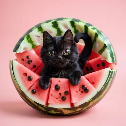 Prompt: cute black cat in watermelon dumplings