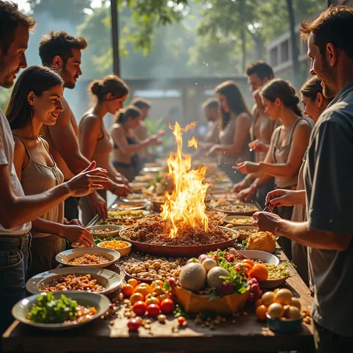 Prompt: Es una actividad profondos, que será un sancocho de gallina para el domingo 18 de mayo, adicional habrá una tapita .
En el Condominio Las Flores  pude poner la imagen con muchas  personas en el campo y que están compartiendo 