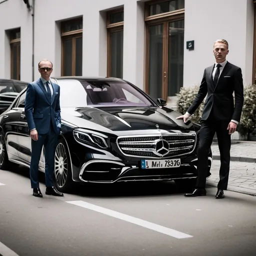 Prompt: The man on right side in front of s class car