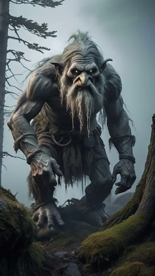 Prompt: Old folklore Norwegian troll on a mist-covered mountain, eerie and mystical atmosphere, detailed old tree trunks, haunting fog, highres, realistic, fantasy, dark tones, eerie lighting, detailed troll, mysterious vibe, cool color palette, mystical, atmospheric lighting