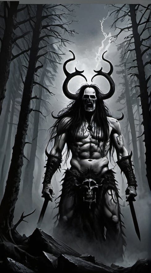 Prompt: Gorgoroth black metal artwork. Norwegian forest. Dark brutal sky. Evil. Barokk-style
