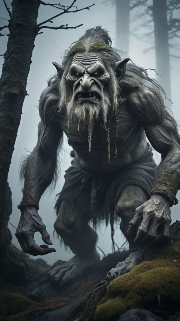 Prompt: Old folklore Norwegian troll on a mist-covered mountain, eerie and mystical atmosphere, detailed old tree trunks, haunting fog, highres, realistic, fantasy, dark tones, eerie lighting, detailed troll, mysterious vibe, cool color palette, mystical, atmospheric lighting