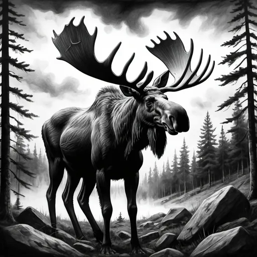 Prompt: Big Black metal moose in a norwegian forest. Charcoal-inspired drawing. Stormy weather. Brutal sky