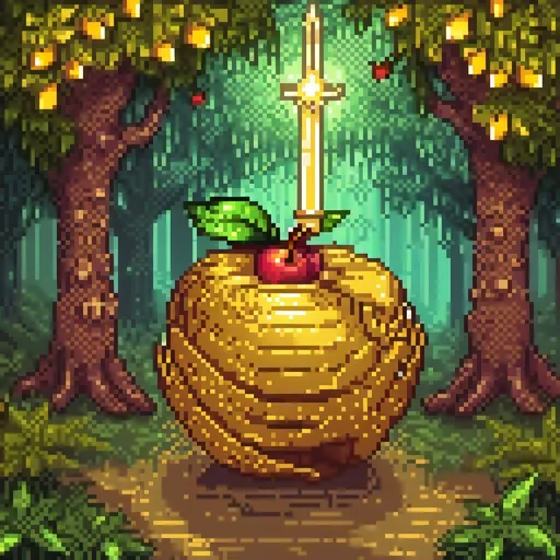 Prompt: (fantasy style image), a gleaming golden apple, intricately detailed (with armor), a shining sword alongside it, (rich textures), vibrant colors, a mystical aura surrounding the apple, a whimsical background featuring enchanted forests and magical elements, soft glowing lights, dramatic shadows, high depth, ultra-detailed, (4K) resolution.