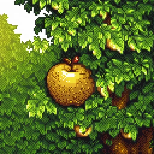 Prompt: (golden apple), nestled among lush green leaves, softly illuminated by warm sunlight filtering through the branches, creating dappled shadows, serene and enchanting atmosphere, surrounded by hints of sparkling sunlight reflecting off the apple's surface, high quality, ultra-detailed 4K image.