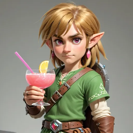 Prompt: 3D Pixar-style link from zelda holding a pink cocktail , octane render quality, transparent background, Y2K aesthetic, ultra-detailed, high-resolution, soft lighting to enhance colors and features, vibrant color palette, 