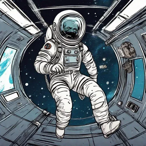 Prompt: A man in a space suit drifting around a space station. Motion comic