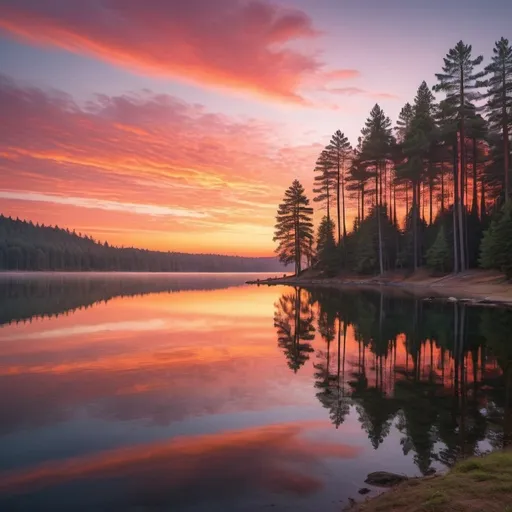 Prompt: make a beautiful sunrise over a lake with pine trees and make it super nice