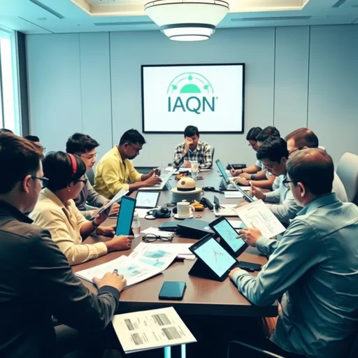 Prompt: An image representing community of air quality networking meet showing 90 people in the meet working on the air quality networking with various devices reports charts and tablets together 
 having a background of logo of IAQN

