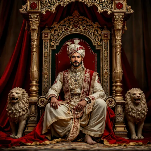 Prompt: Seated regally within an ornate structure, a figure adorned in traditional royal attire commands attention with an air of authority and dignity. The intricate, embellished canopy framing him is richly decorated, featuring vibrant reds and golds that accentuate the opulence of the setting. His expression is serene yet powerful, as he sits cross-legged, embodying the essence of a historic leader, complete with elaborate jewelry and a turban that signifies his status. Flanking the throne are carved lion sculptures, which add to the grandeur of the scene, evoking a sense of strength and legacy. The backdrop drapes with rich fabric, hinting at a regal environment steeped in historical significance and cultural heritage.