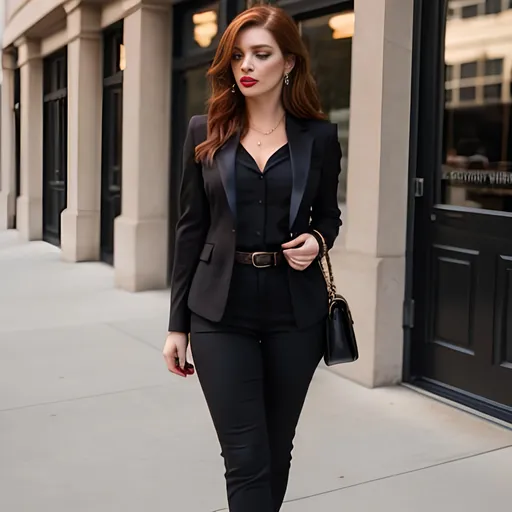 Prompt: auburn hair, stylish, inside, lipstick, black nails, brown clothes, business


