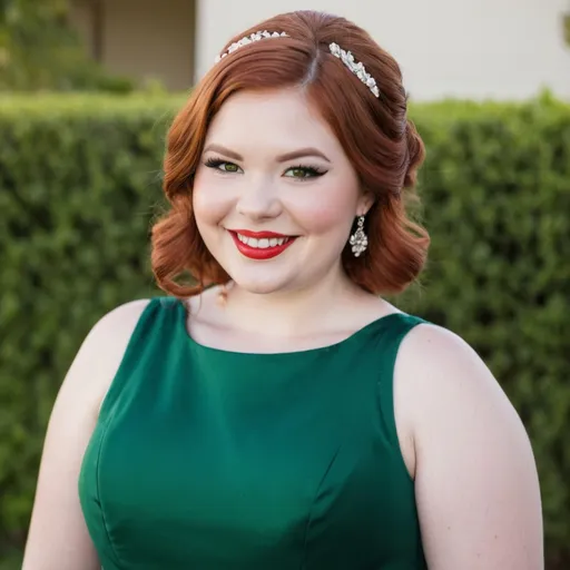 Prompt: auburn hair, wedding, California, smile, red lips, winged eyeliner, green dress, chubby